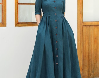 Shirt Linen Dress, Button Front linen Midi dress, A-Line dress, Womens Spring Swing Dress, Date dress, Custom Dress, Ylistyle C4839