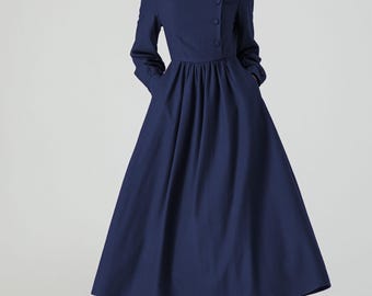 Blue wool dress, Winter Wool Dress, Fit and Flare Dress, Long Wool Dress, Womens Dresses, Warm winter dress, Ylistyle C3608#