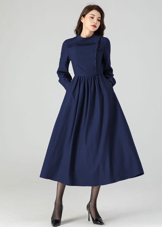 Blue Wool Dress, Winter Wool Dress, Fit and Flare Dress, Long Wool Dress, Womens Dresses, Warm Winter Dress, Ylistyle C3608# Blue Wool Dress, Winter Wool Dress, Fit and Flare Dress, Long Wool Dress, Womens Dresses, Warm Winter Dress, Ylistyle C3608#