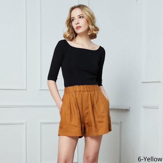 Linen Shorts, High Waisted Linen Shorts for Women, Yellow Linen Beach Shorts with pocket, Women Linen shorts, Custom shorts C1393