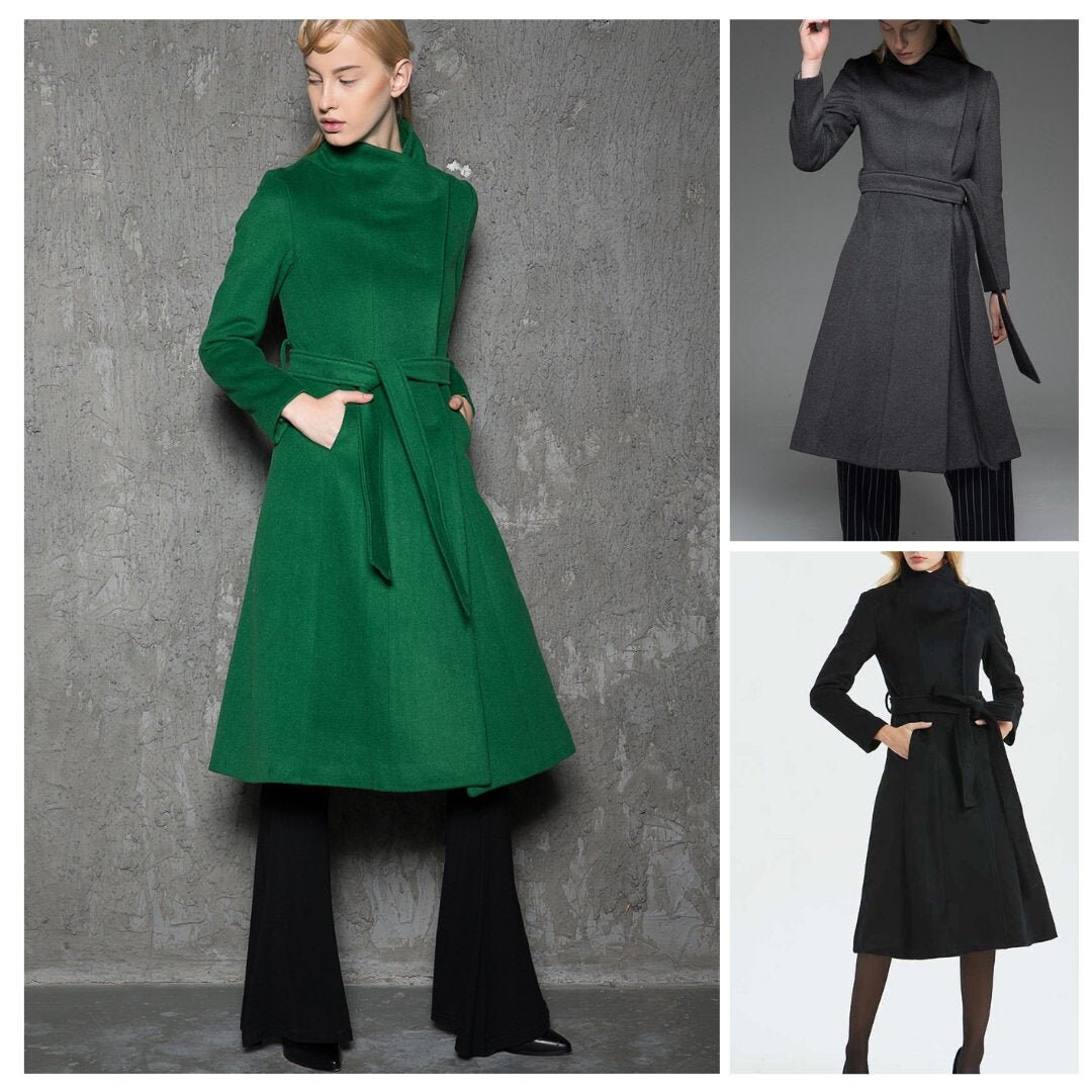 Emerald green coat wool coat Long Belted Wrap coat Winter Etsy