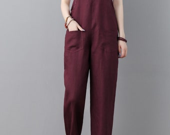 Burgundy Linen Jumpsuit, Casual Soft Women Jumpsuit, Linen