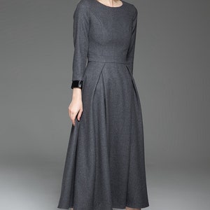 Wool Dress, Womens Long wool dress, Classic Long Fitted Tailored Warm Winter Dress with Long Sleeves Round Neck & Black Leather Cuffs C780 image 3