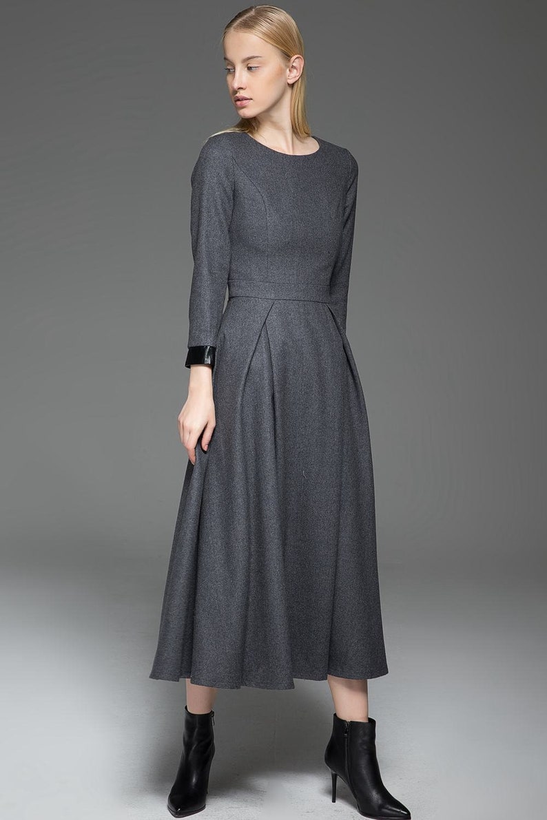 Wool Dress, Womens Long wool dress, Classic Long Fitted Tailored Warm Winter Dress with Long Sleeves Round Neck & Black Leather Cuffs C780 image 3