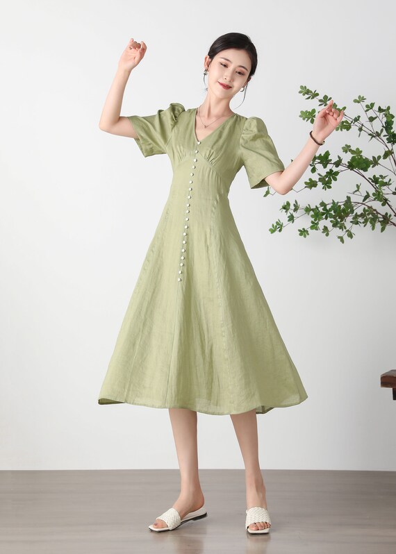 Green Linen Dress, V-neck Linen Dress, Short Sleeve Midi Dress, A-line Linen Dress, Summer Casual Linen Dress, Custom Dress, Ylistyle C3256 Green Linen Dress, V-neck Linen Dress, Short Sleeve Midi Dress, A-line Linen Dress, Summer Casual Linen Dress, Custom Dress, Ylistyle C3256