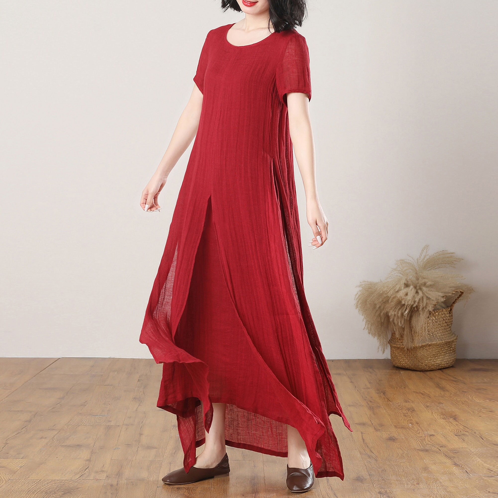 Linen Dress Linnen Jurk Jurken Casual Short Sleeve Red Dress, Maxi