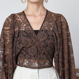 brown lace top, short tops, boho top, long sleeves lace blouse, summer romantic top for women, v neck crop tops, lace clothing c3327 image 8