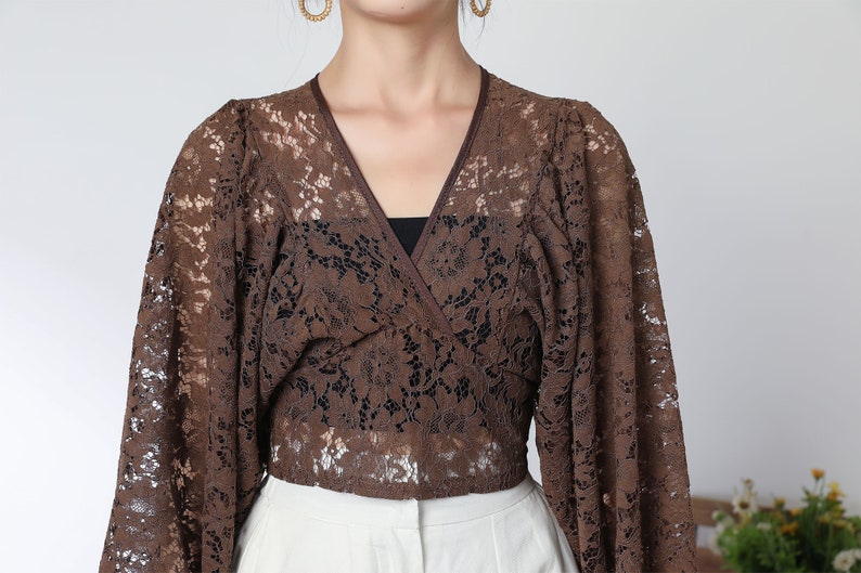 brown lace top, short tops, boho top, long sleeves lace blouse, summer romantic top for women, v neck crop tops, lace clothing c3327 image 8