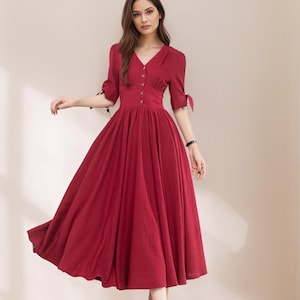 Women's Casual Red Cottagecore Dress, Spring Linen Midi Dress, French Minimalist Cotton-Linen Dress, Boho date Dress, Ylistyle C4771 C1-Burgundy