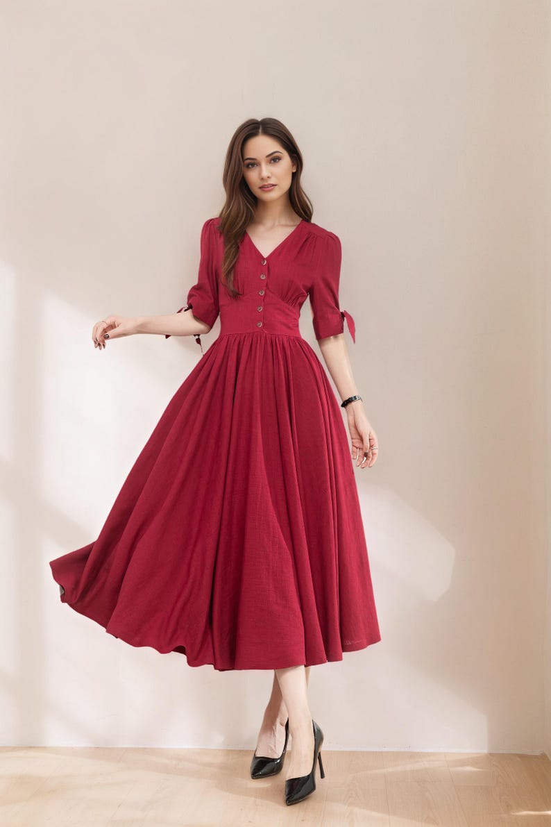 Women's Casual Red Cottagecore Dress, Spring Linen Midi Dress, French Minimalist Cotton-Linen Dress, Boho date Dress, Ylistyle C4771 C1-Burgundy