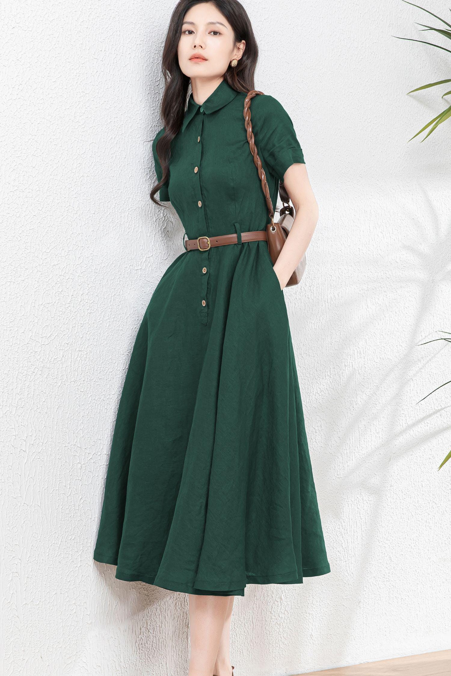 Green Linen shirt Dress, Midi Linen Dress, Button Front Linen dress with pockets, Spring Swing Dress, Summer Outings Dress, Ylistyle C4899