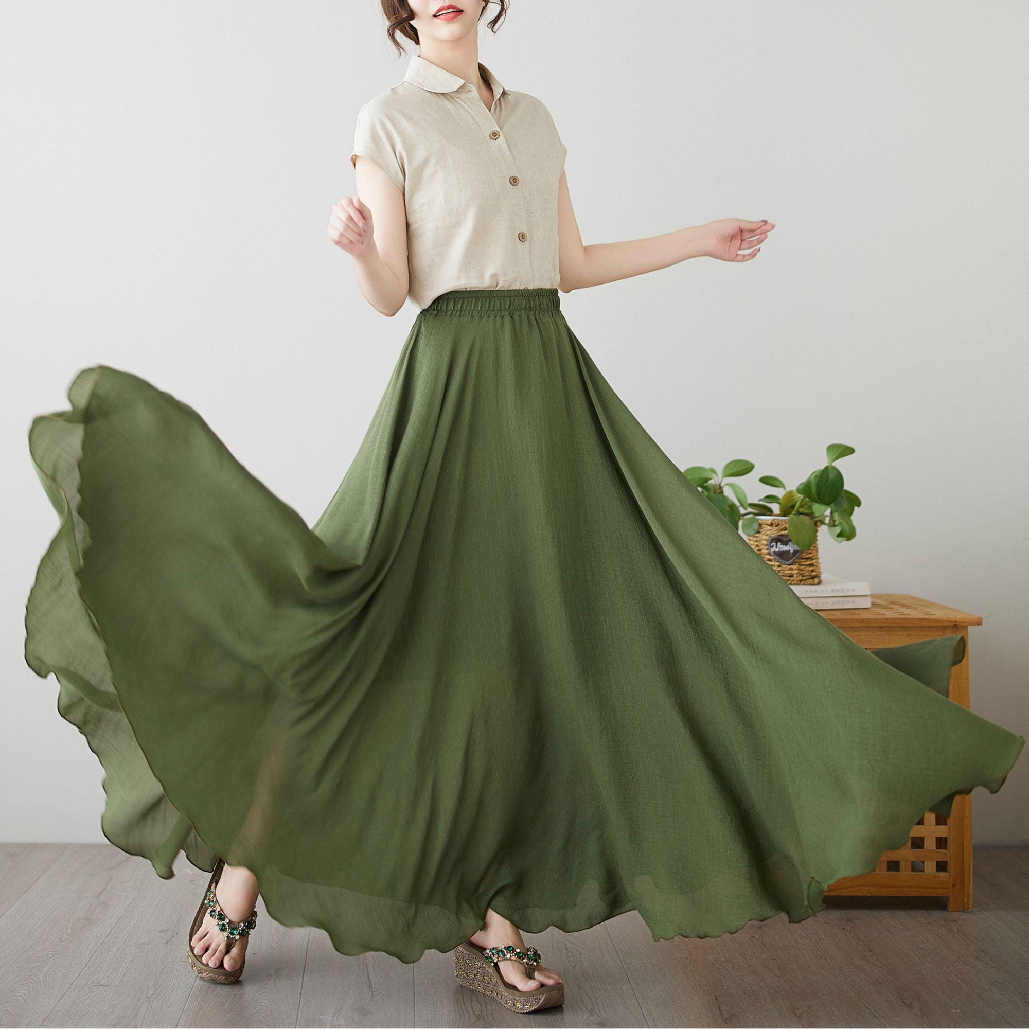 Bohemian Green Maxi Skirt , Summer Picnic Skirt for Women