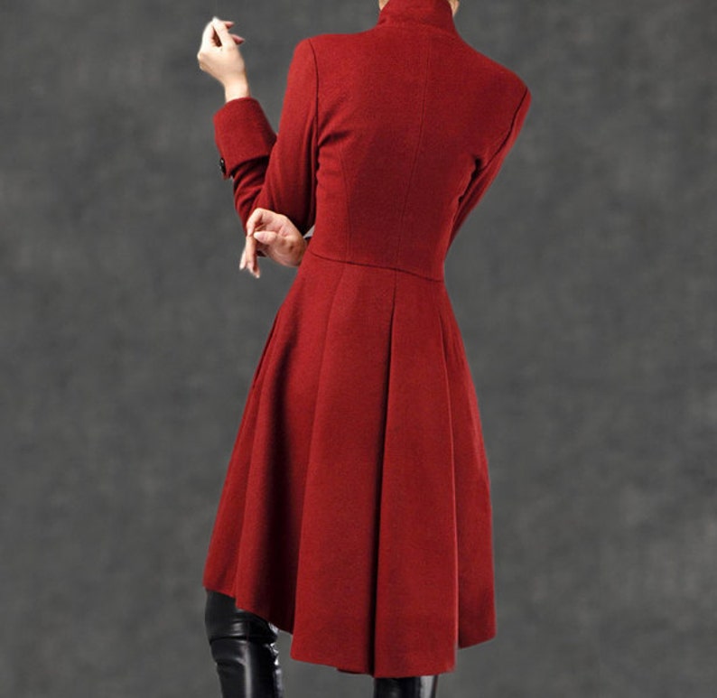 Asymmetrical Military wool Coat, Winter coat women, Fit-and-Flare Wool Coat with Cinched Waist, womens coat with Large Turn-Back Cuffs C2592 image 4