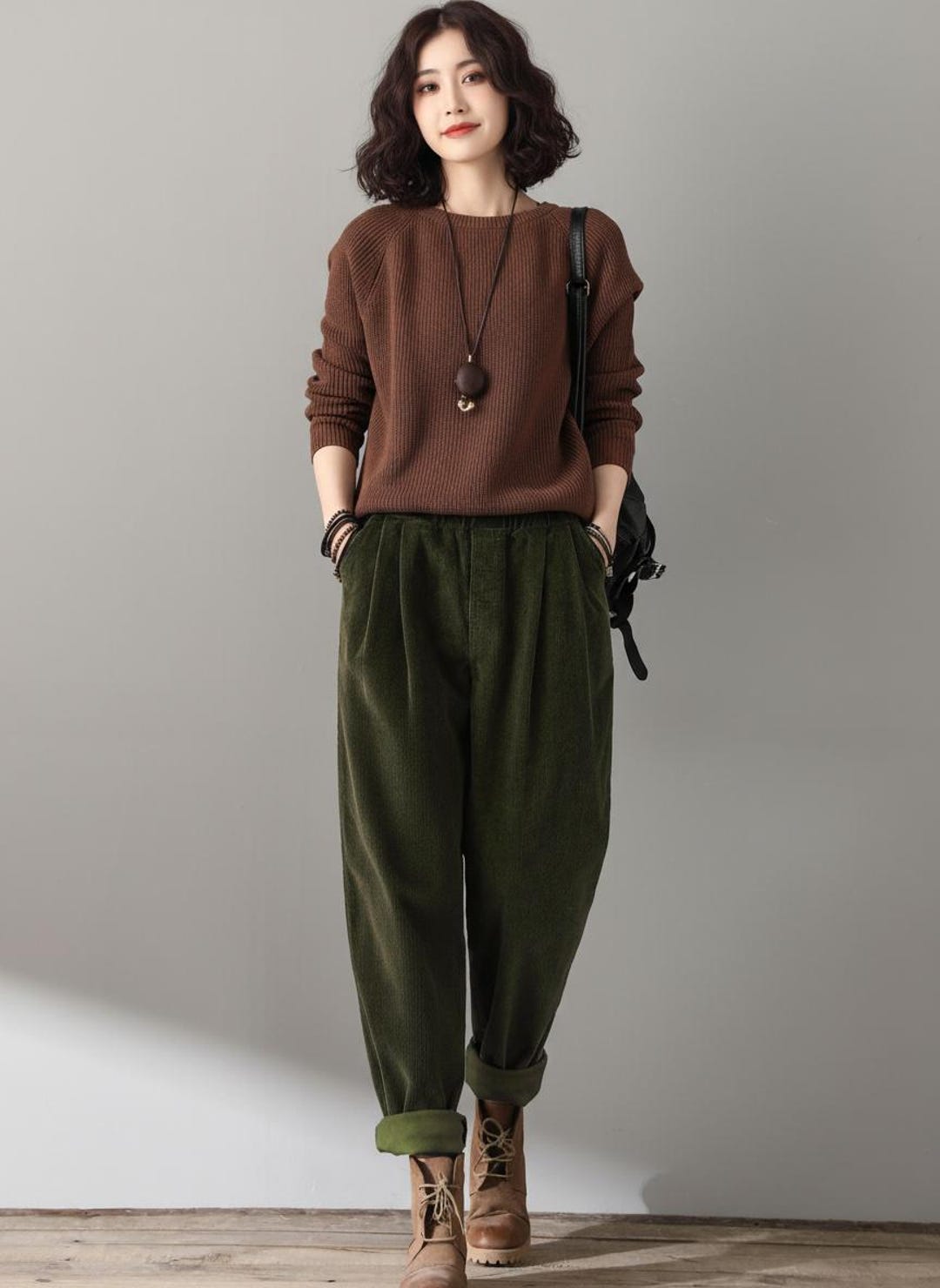 Olive Green Corduroy Harem Pants: Women Oversized Boho Trousers