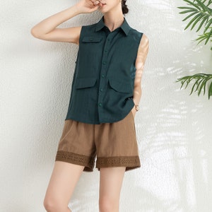 Green Linen shirt, Women's Summer Sleeveless Linen Shirt, Casual Linen Shirt, Loose Linen Tops, Custom Linen Tops, Ylistyle C3294 image 4