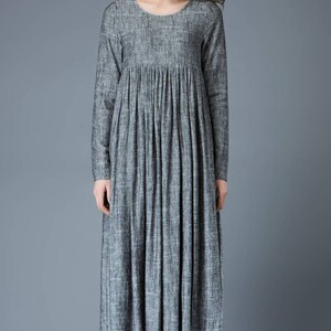 Maxi Linen dress Comfortable Linen Loose-Fitting Long Sleeved Everyday Marl Grey Midi-Length Woman's Dress C808 image 2