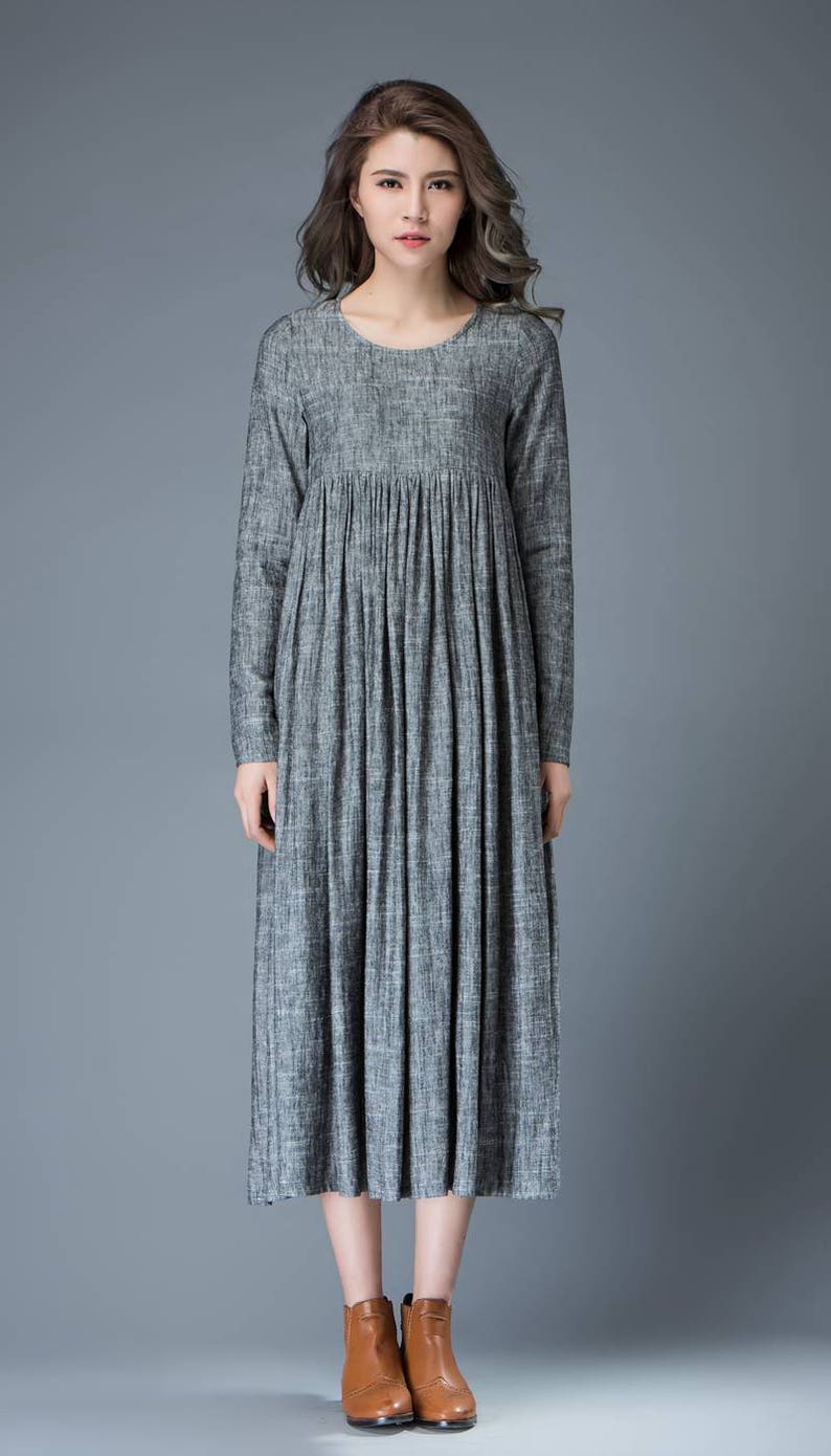 Maxi Linen dress Comfortable Linen Loose-Fitting Long Sleeved Everyday Marl Grey Midi-Length Woman's Dress C808 image 2