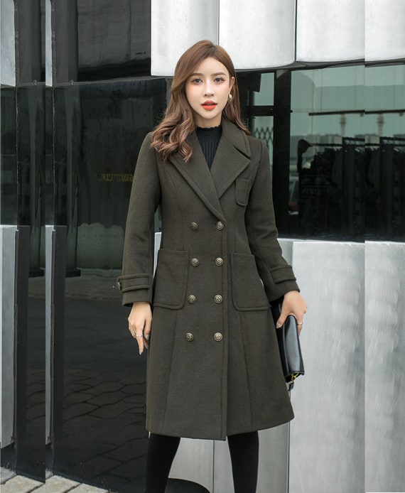 Army Green Wool Military Coat Women, Wool Coat, Double Breasted