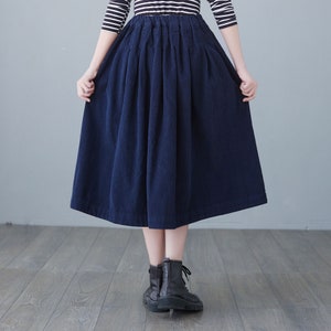 Blue Corduroy Skirt, Midi skirt, High Elastic Waist Skirt, Plus Size Skirt, Pleated Skirt with Pocket, Spring fall Skirt, Causal Skirt C2617 image 6
