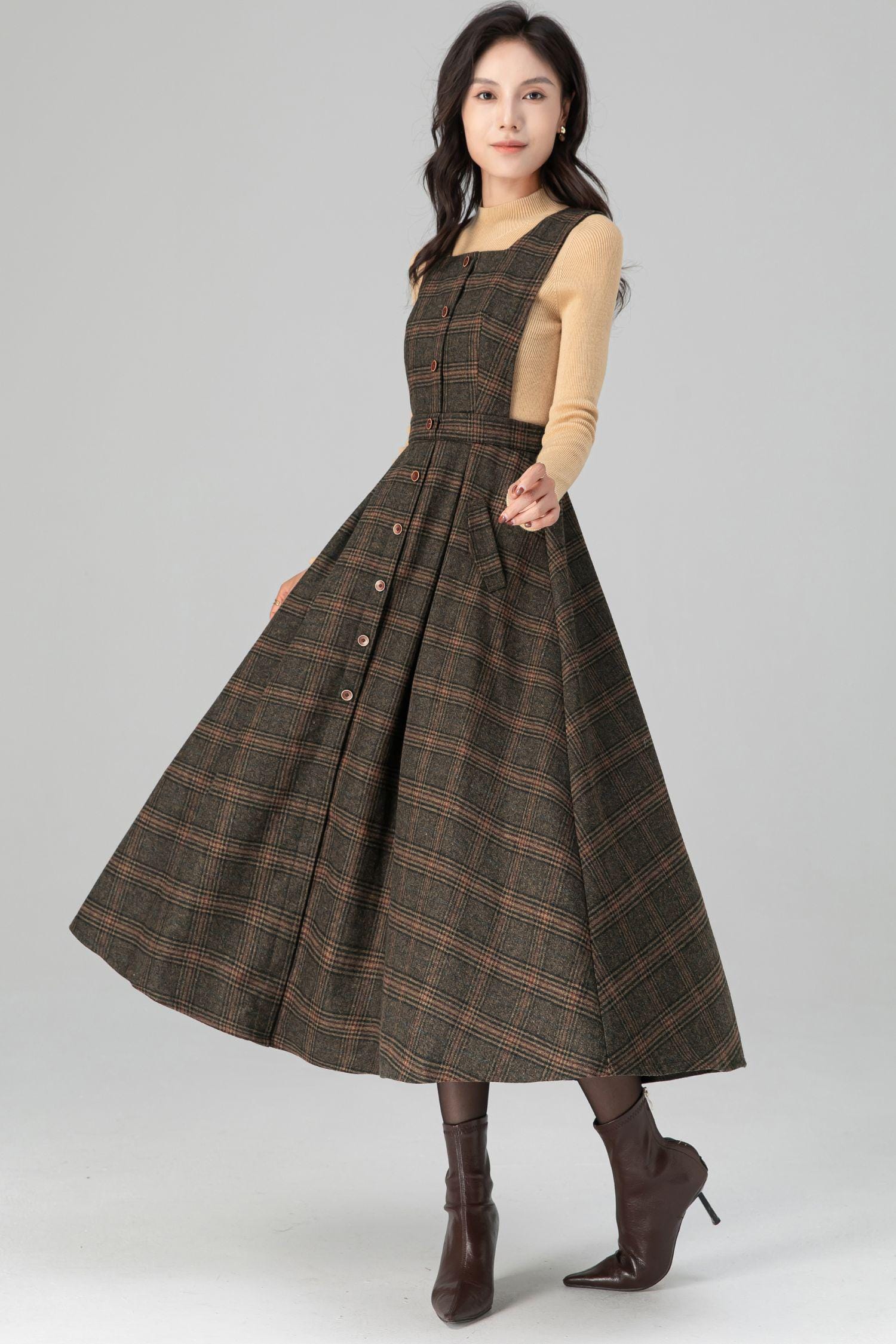 Plaid Wool Pinafore Dress: Vintage Inspired A-line Midi With