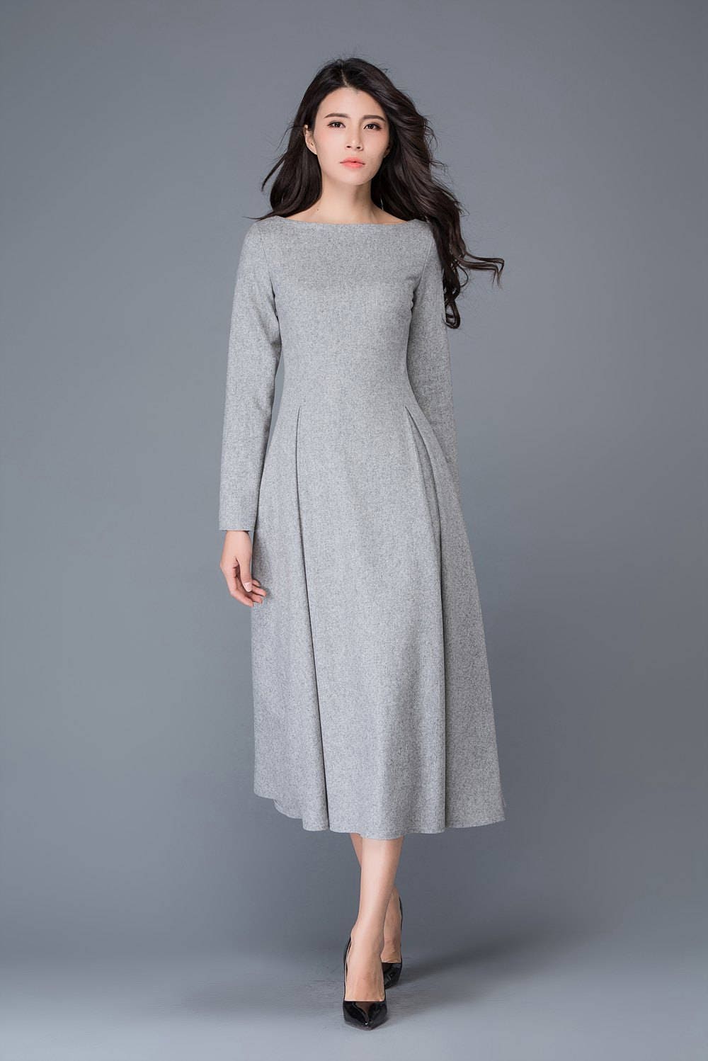 Wool dress winter dress gray wool dress boat neck wool | Etsy