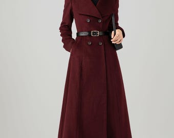 Bordeauxrode wollen maxi-jas: double-breasted wintertrench, Ylistyle C5272