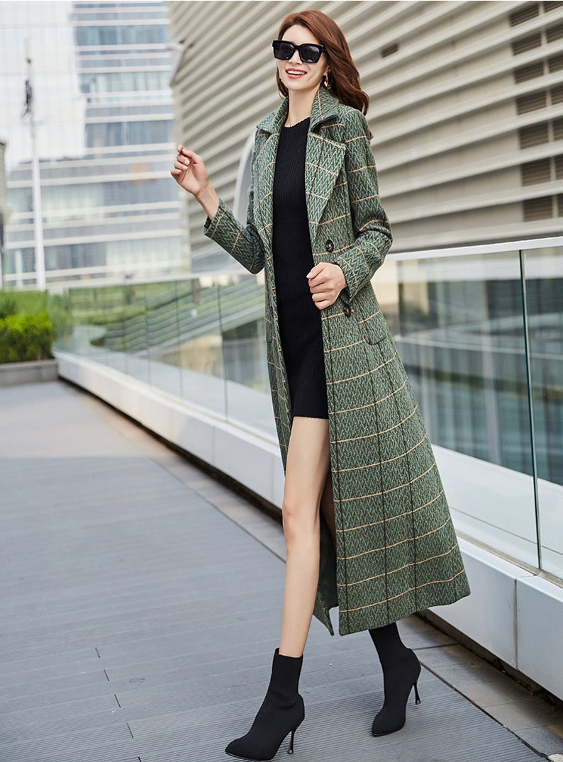 Green Plaid Wool Coat, Long Wool Coat, Winter Coat Women, Belted Wool Coat, Wool trench coat, Warm Wool Coat, Custom Coat, Ylistyle C3031 image 7