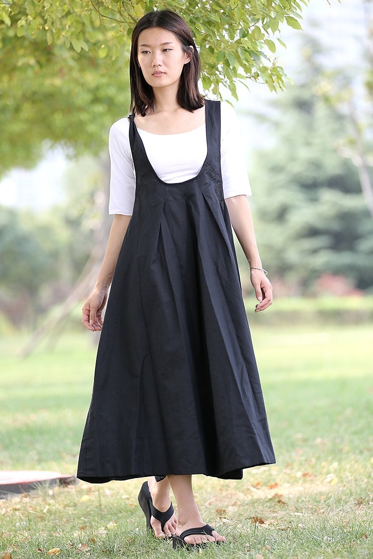 Black Pinafore Dress, Linen Dress, Loose-Fitting Cool Long Black Maxi Linen Summer Suspender Dress Plus Size Clothing C279