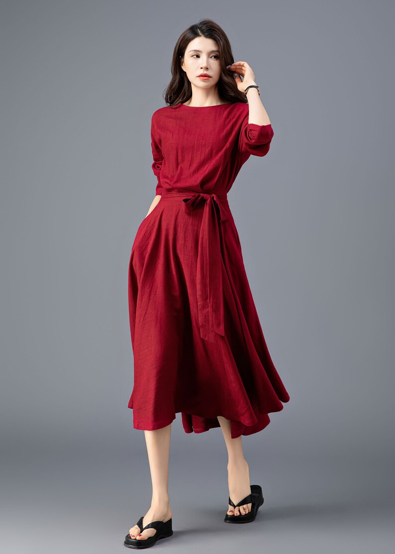Linen Dress, Linen Midi dress, Belted Dress, Dress with Pockets, Womens Linen Dress, Spring Linen Dress, Casual Linen Dress, Ylistyle C3909 image 6