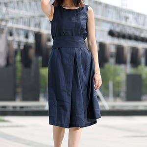 Linen dress, midi dress, sleeveless dress, navy dress, tunic dress, summer dress, Organic linen dress, Causal dress with pockets C263/ image 8