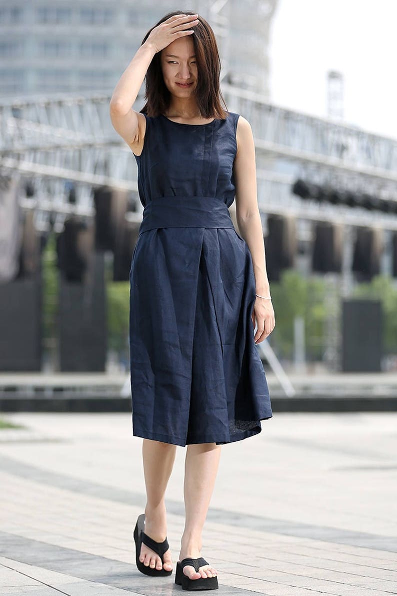 Linen dress, midi dress, sleeveless dress, navy dress, tunic dress, summer dress, Organic linen dress, Causal dress with pockets C263/ image 8