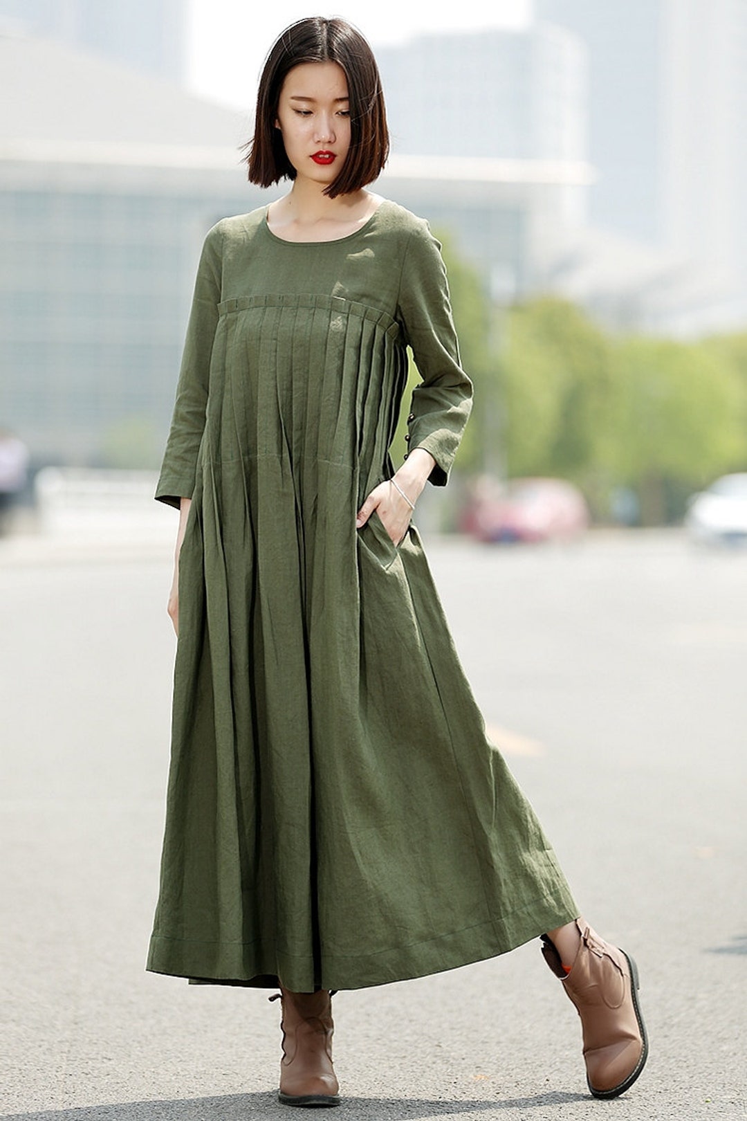 Green Linen Dress Long Linen Dress Pleated Linen Dress - Etsy