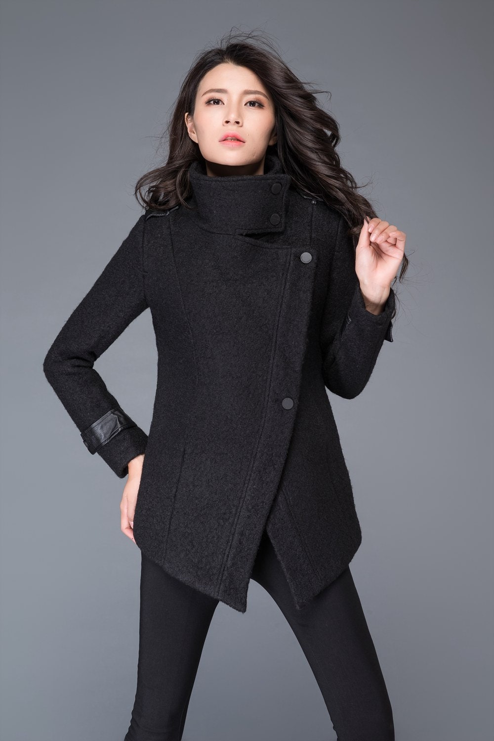 Asymmetrical Wool Coat in Black, Winter Coat Women, Wool Coat