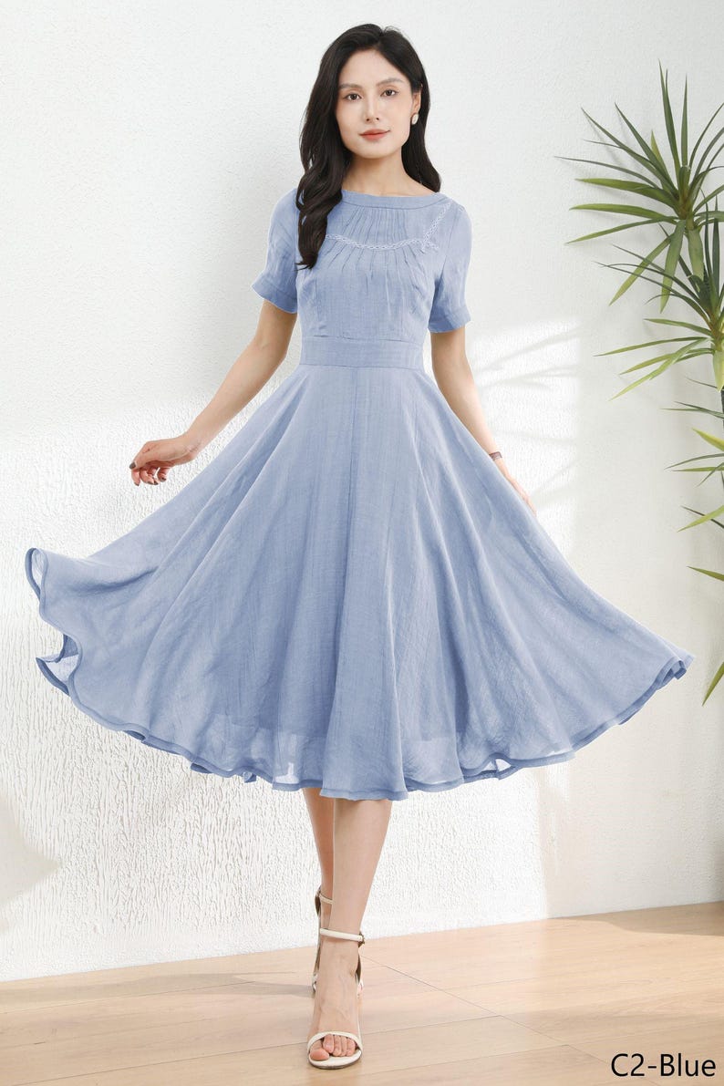 Bröllopsgästklänning, Grön linneklänning för kvinnor, Sommarklänning, Figursydd och utsvängd klänning, brudtärneklänning, Specialdesignad klänning, Ylistyle C4982 C2-Blue