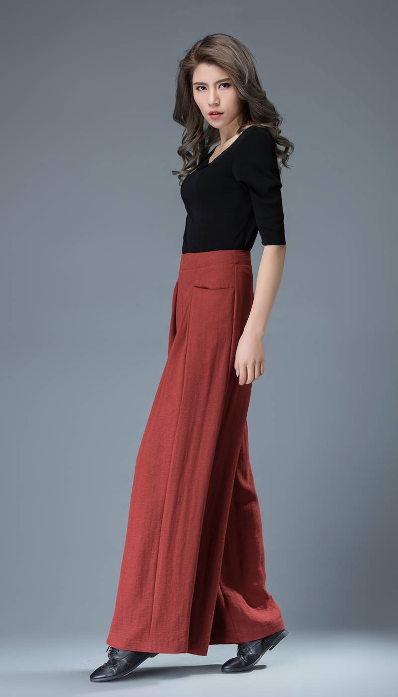 wide leg pants womens pants High waisted pants long trousers casual pants C827 linen trousers red pants pleated pants flared pants