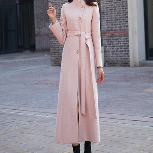 Pink long wool maxi coat, women wool trench coat, Winter jacket coat Belted wool coat, Autumn winter outerwear, Custom coat, Ylistyle C1789 image 3