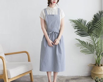 Linen Apron, Blue Linen apron dress, Cross-back Apron dress, Adult Apron With Adjustable Tie, Cooking/Gardening Apron, Womens Apron C1913