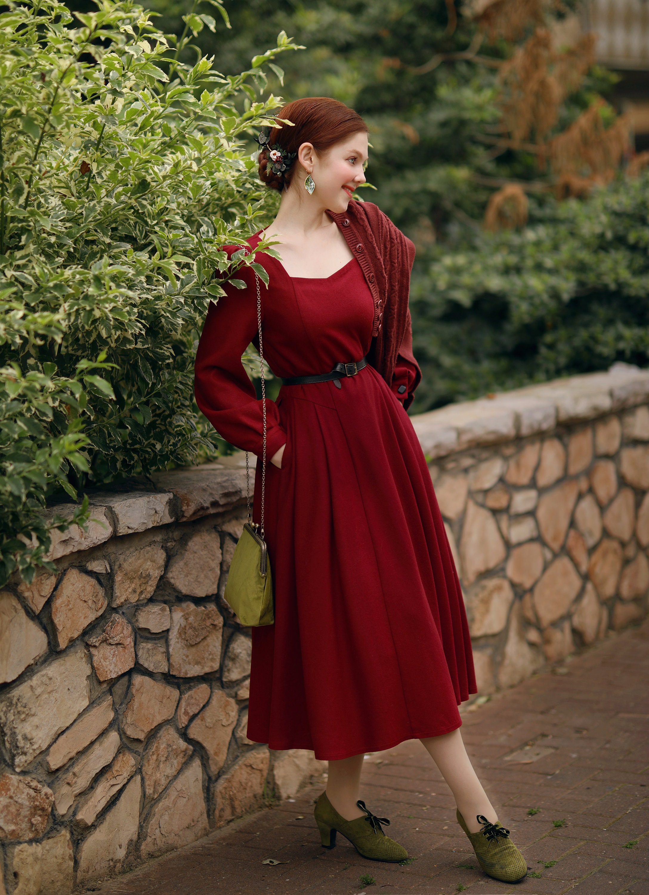 【Since Then】レッド スクエアネック 長袖 ドレス Elegant Red Swing Dress, Midi Dress, Long Sleeve Dress
