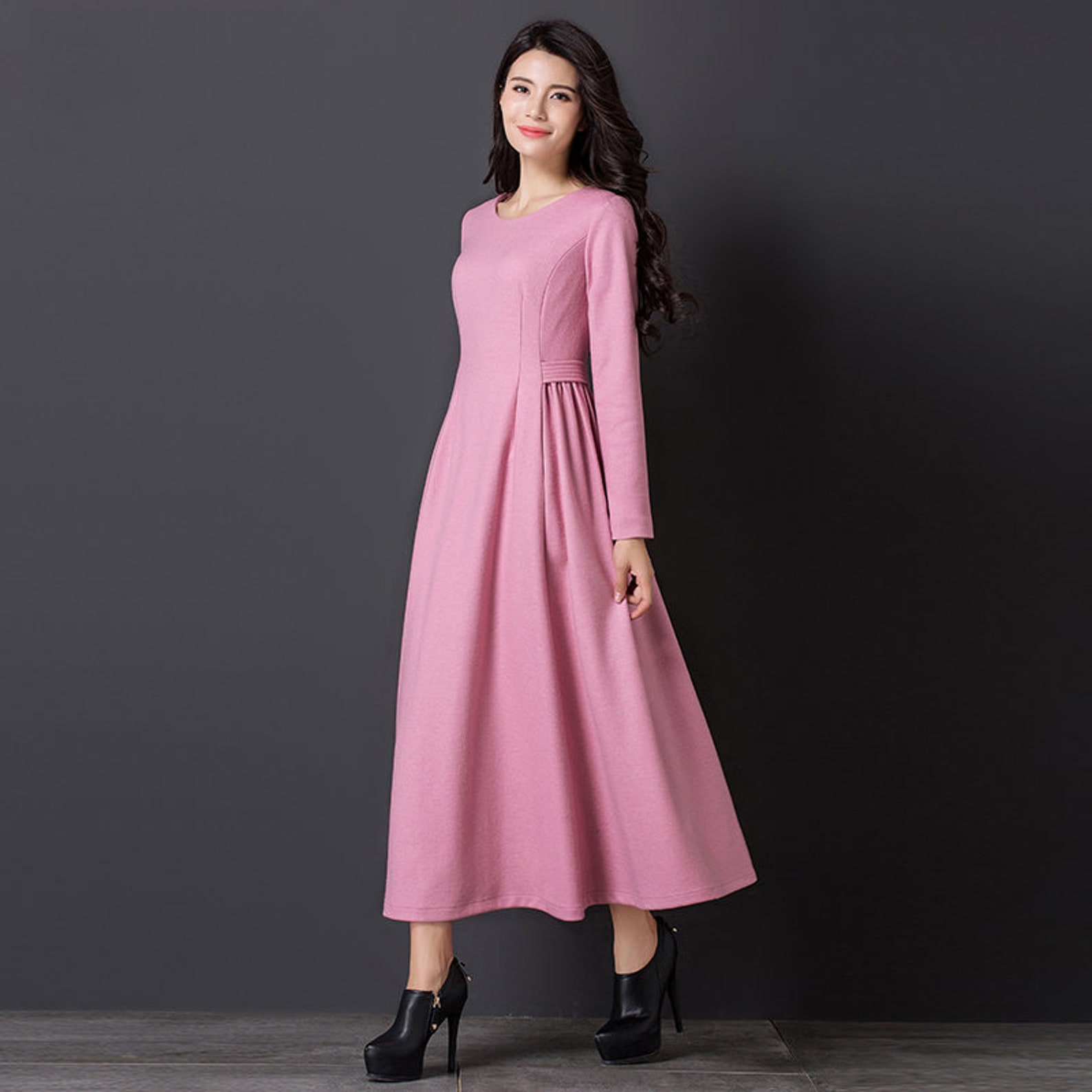 Long Sleeve Wool Dress Long Wool Dress Wool Dress Pink Wool Etsy