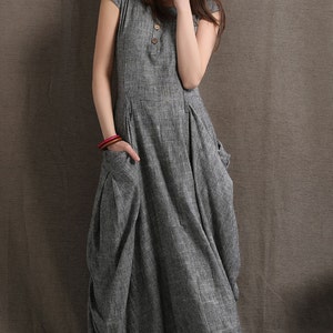 Gray Linen Dress, Long Maxi Dress, Short Sleeves Shift Dress With Two ...
