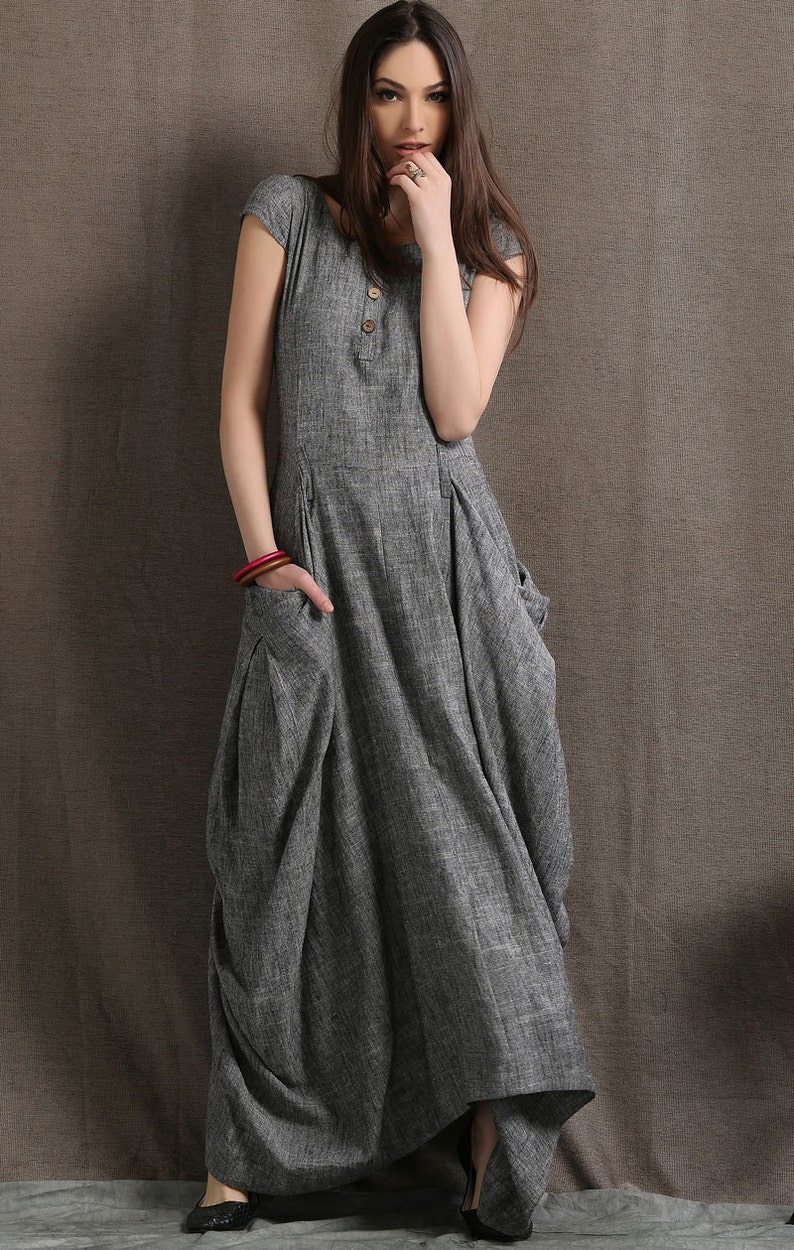 Gray Linen Dress Long Maxi Boho Style Short Sleeved Shift | Etsy Canada