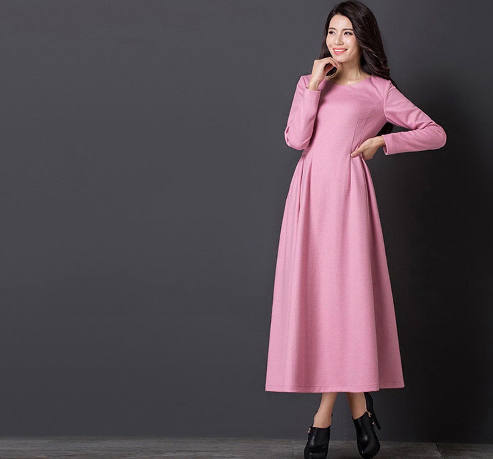 Long Sleeve Wool Dress Long Wool Dress Wool Dress Pink Wool Etsy