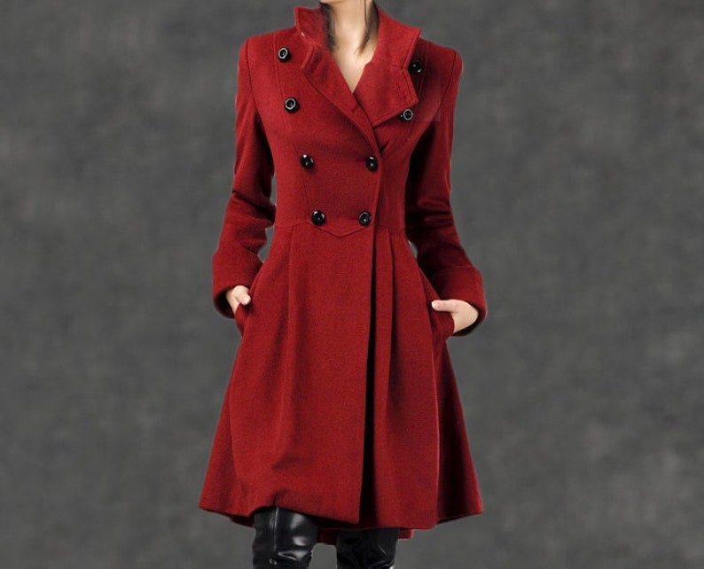 Asymmetrical Military wool Coat, Winter coat women, Fit-and-Flare Wool Coat with Cinched Waist, womens coat with Large Turn-Back Cuffs C2592 