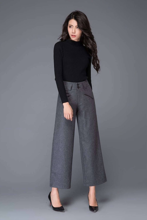 Wide Leg Pants, Wool Pants, Womens Pants, Grey Pants, Dark Gray