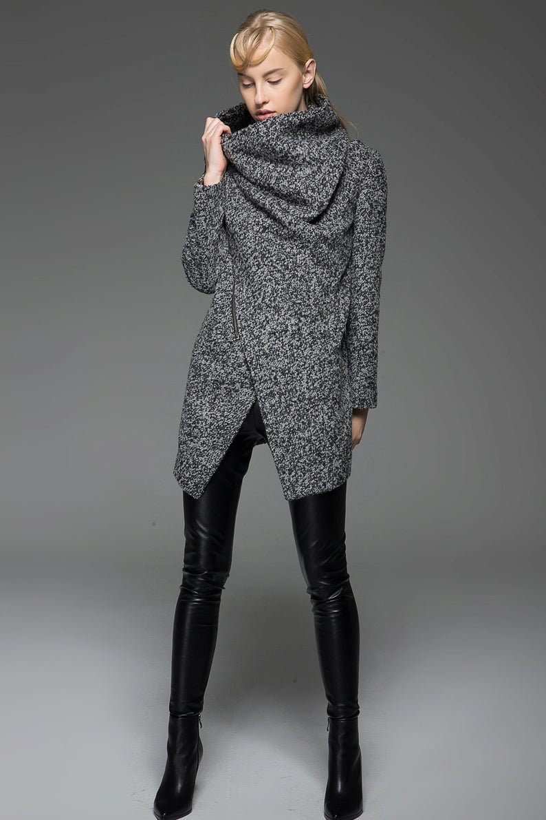 Asymmetrical Wool Coat, winter coat women, Gray Wool Boucle Coat with Front Zipper and Large Cowl Neck Collar, Autumn Winter Outerwear C134 C2-Gray black- C745