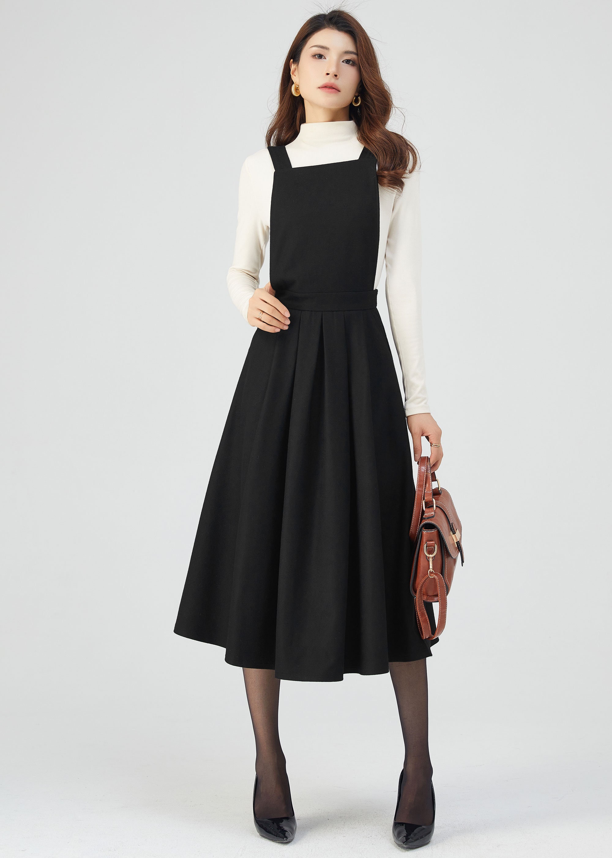 Black Wool Dress, Pinafore Dress Women, Suspender Dress, Midi Wool