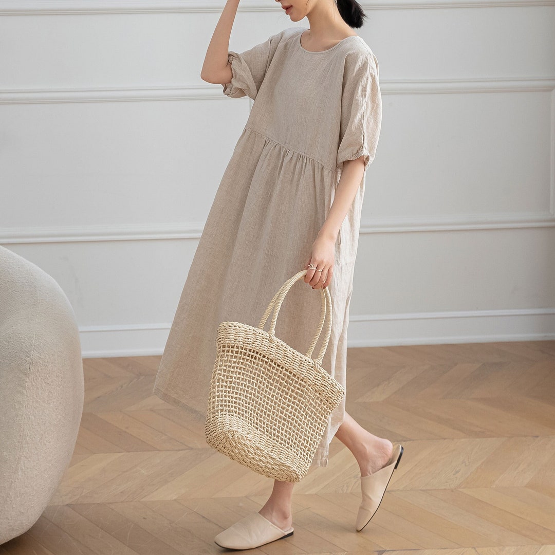 Linen Dress, Short Sleeve Linen Dress, Linen Midi Dress, Long Linen ...