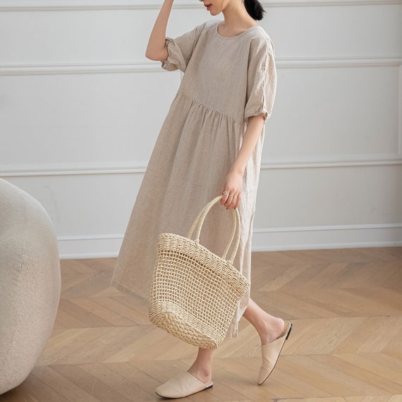 Linen Dress, Short Sleeve Linen Dress, Linen Midi Dress