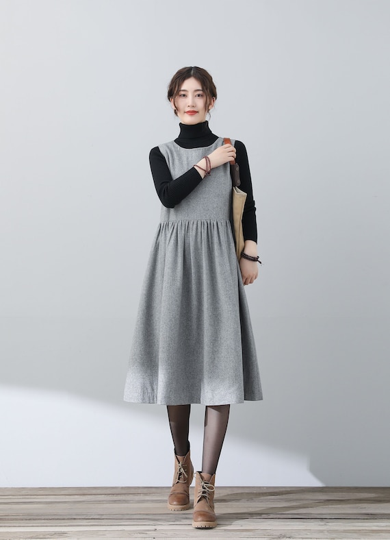 Grays Wool Dress, Midi Wool Dress, Women's Casual Wool Dress