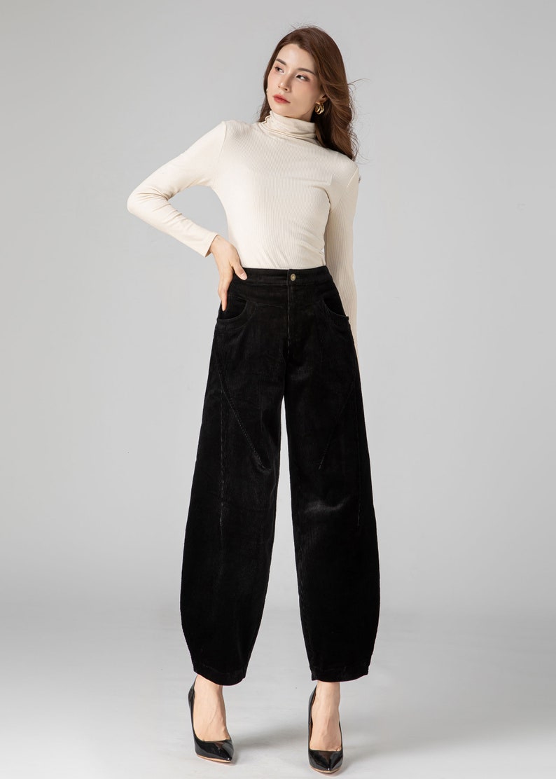 Black Corduroy Pants Women, Tapered Pants, Autumn Pants, Long Pants, Womens Pants, Loose Fitting Pants, Handmade Pants, Made to Order C3592 image 6